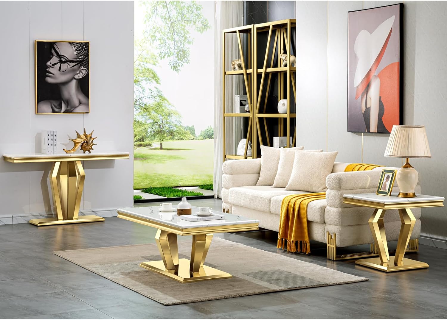 Vintage Gold Side Table – 22” Luxury Square End Table with Polished Finish & Geometric Base for Living Room or Office