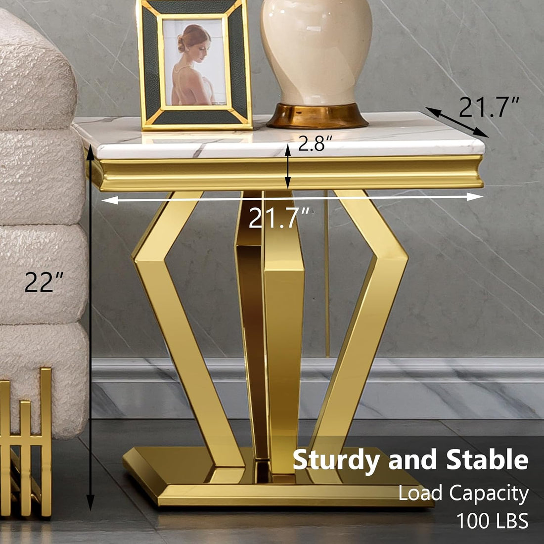 Vintage Gold Side Table – 22” Luxury Square End Table with Polished Finish & Geometric Base for Living Room or Office