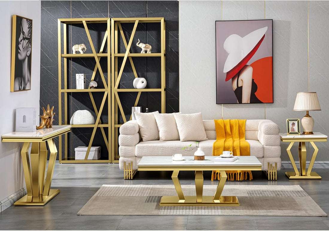 Vintage Gold Side Table – 22” Luxury Square End Table with Polished Finish & Geometric Base for Living Room or Office