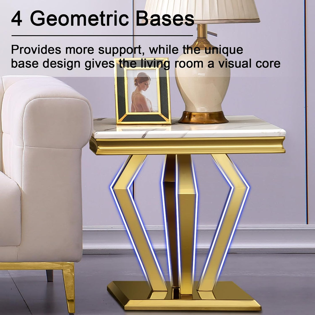 Vintage Gold Side Table – 22” Luxury Square End Table with Polished Finish & Geometric Base for Living Room or Office