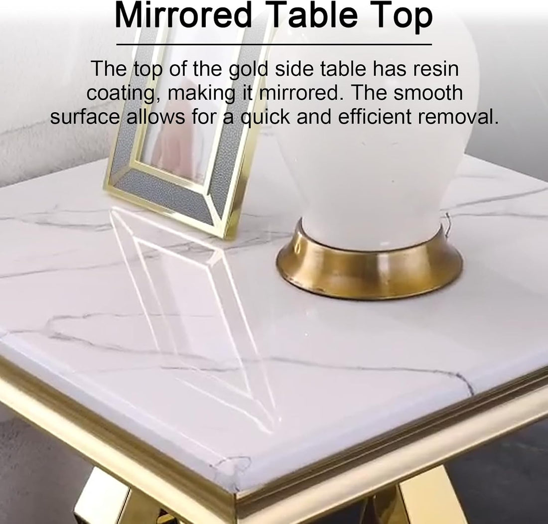 Vintage Gold Side Table – 22” Luxury Square End Table with Polished Finish & Geometric Base for Living Room or Office