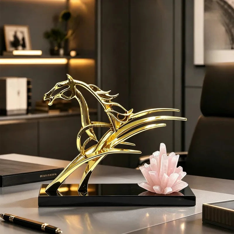 Luxe Golden Abstract Horse Sculpture – Quartz Crystal & Modern Luxury Decor