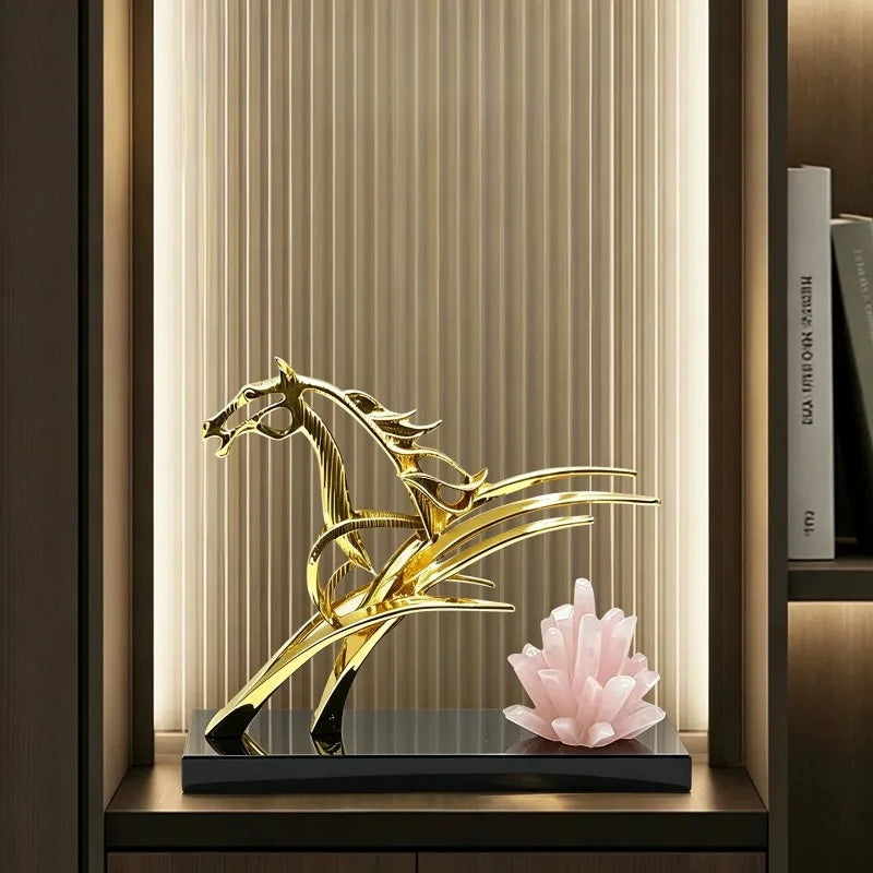 Luxe Golden Abstract Horse Sculpture – Quartz Crystal & Modern Luxury Decor