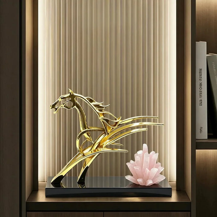 Luxe Golden Abstract Horse Sculpture – Quartz Crystal & Modern Luxury Decor