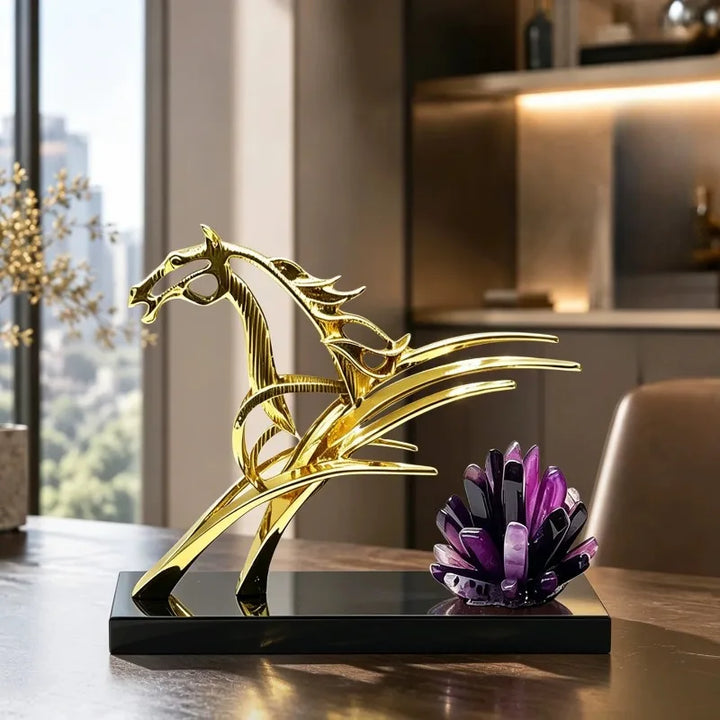 Luxe Golden Abstract Horse Sculpture – Quartz Crystal & Modern Luxury Decor