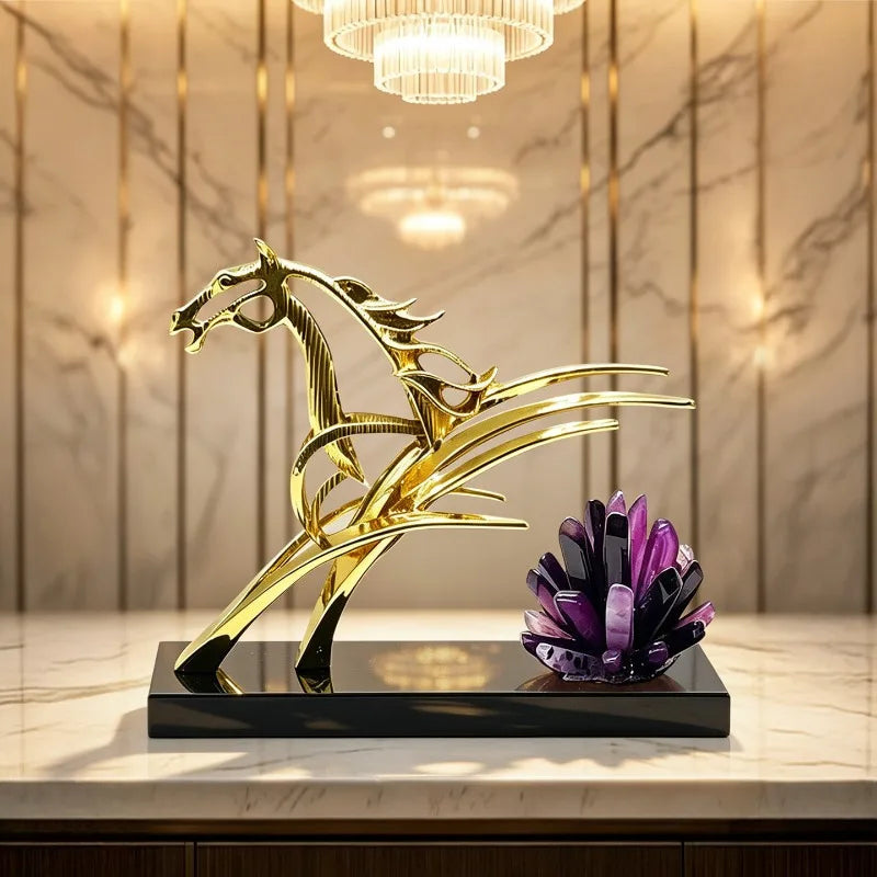 Luxe Golden Abstract Horse Sculpture – Quartz Crystal & Modern Luxury Decor
