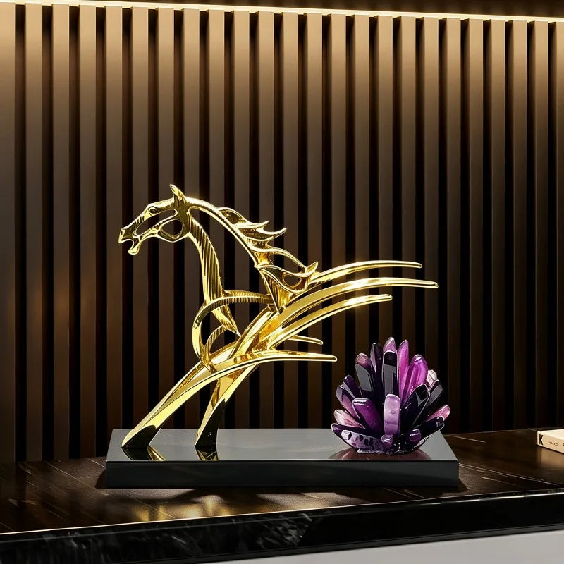 Luxe Golden Abstract Horse Sculpture – Quartz Crystal & Modern Luxury Decor