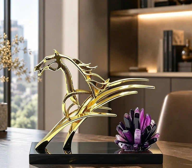 Luxe Golden Abstract Horse Sculpture – Quartz Crystal & Modern Luxury Decor