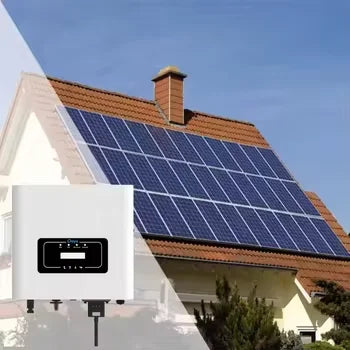 Solar panels on a roof with a control box in the foreground