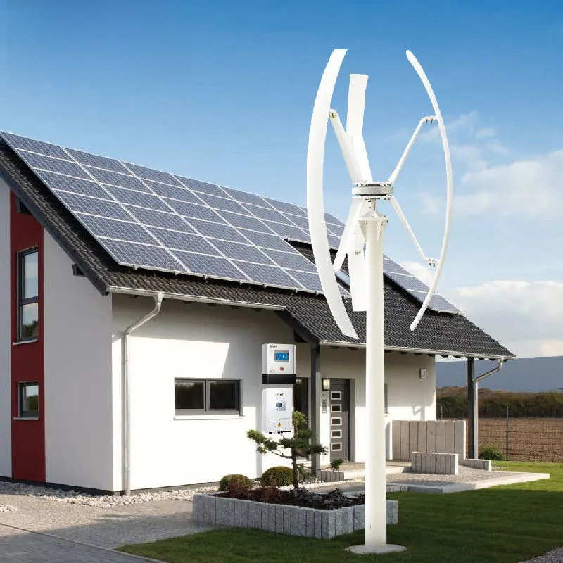 House with solar panels and a wind turbine on a clear day