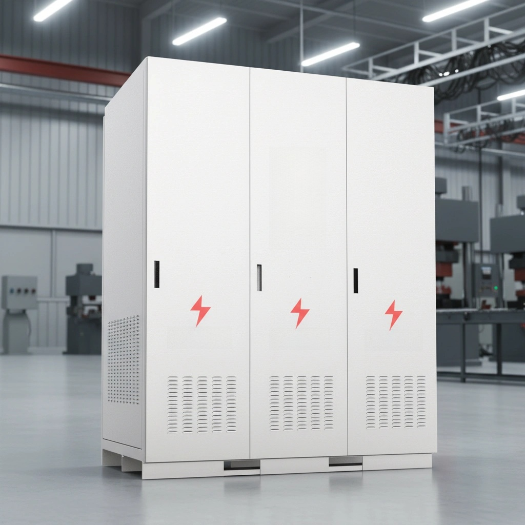Large white electrical cabinet with red lightning bolt symbols in a warehouse setting