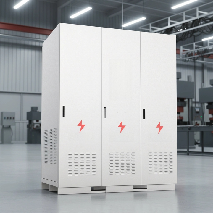 Large white electrical cabinet with red lightning bolt symbols in a warehouse setting