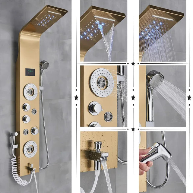 Luxury Black/Brushed Bathroom Shower Faucet LED Rainfall Shower Panel System Bathtub Mixer Tap Massage Spa Temperature Screen