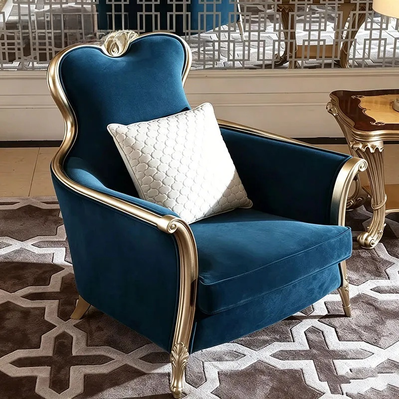 Royal-Style Luxury Solid Wood Carved Upholstered Single Sofa Chair – Diamond Velvet Accent Chair