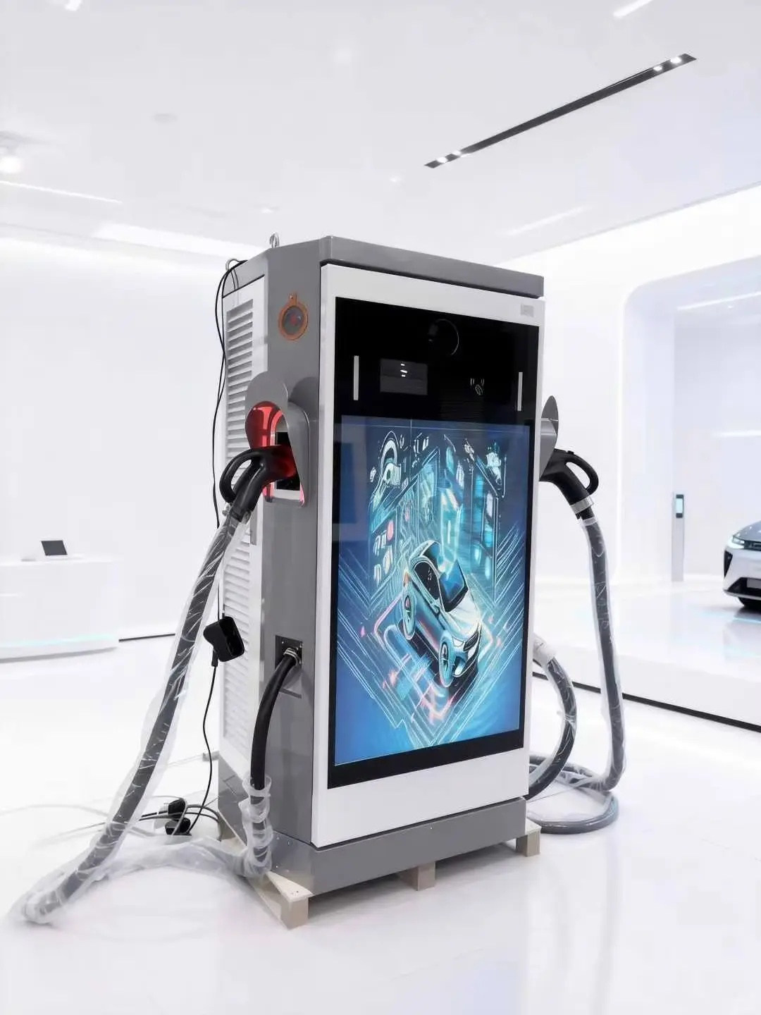 Electric vehicle charging station in a modern indoor setting