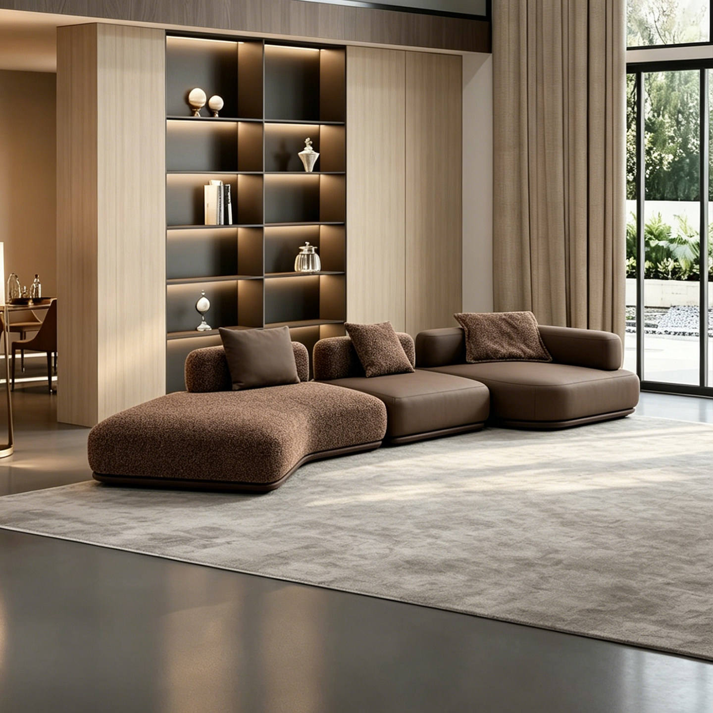 Modern living room with a brown sectional sofa and decorative shelves.