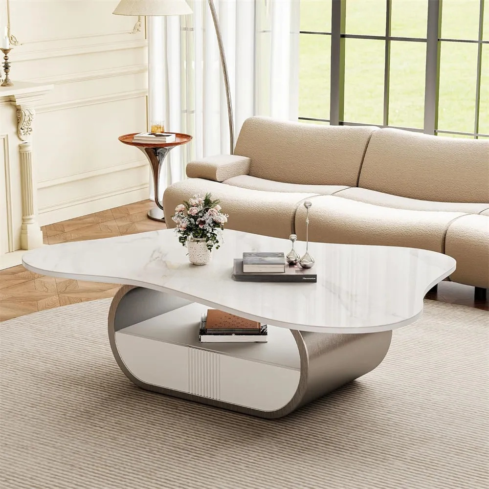 Luxury Sintered Stone Coffee Table – Stainless Steel Modern Gold Center Table with Storage