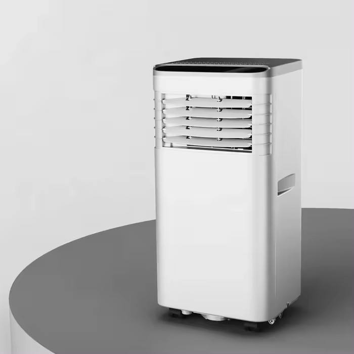 Portable air conditioner on a gray platform with a light gray background