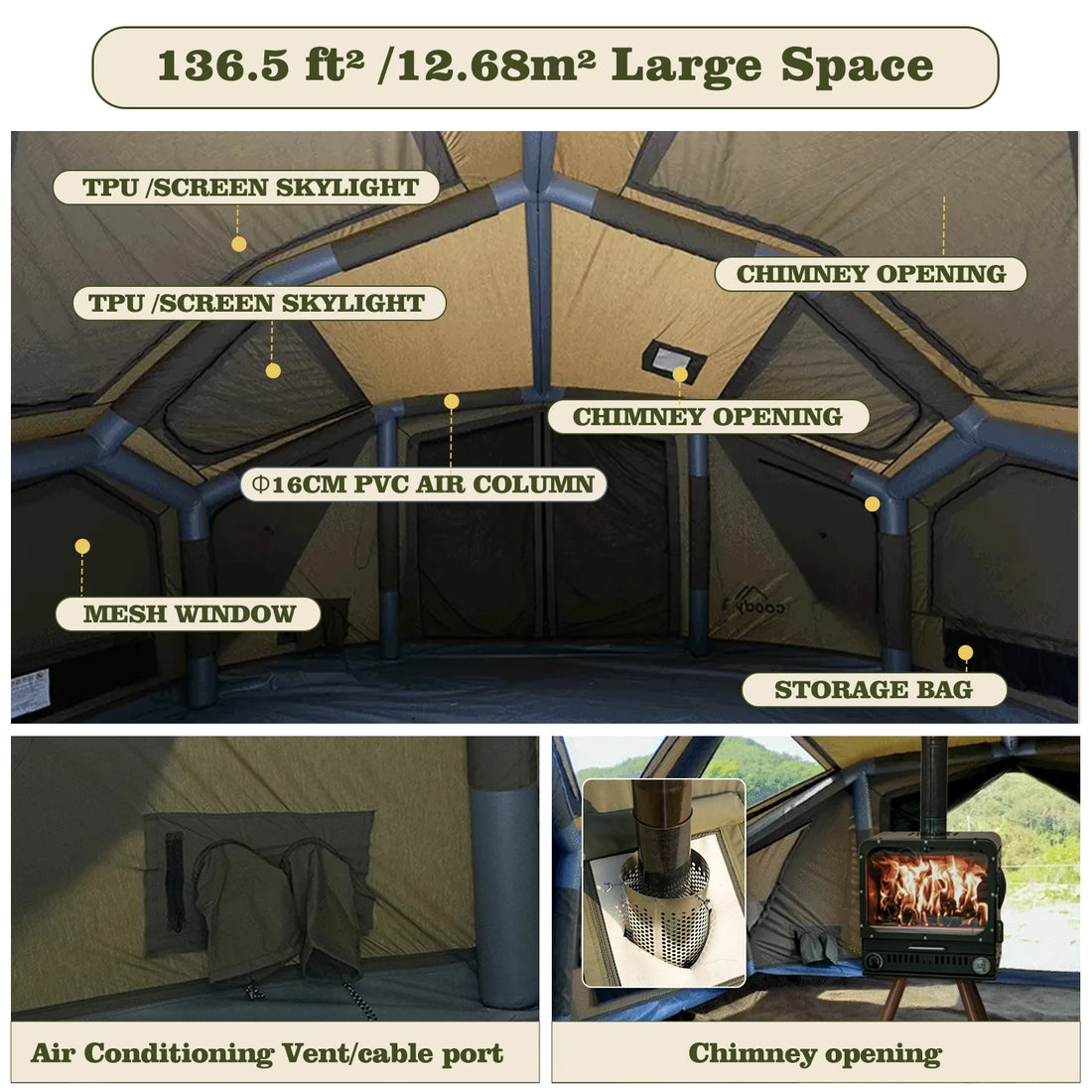 Coody Bestona Air Tent-Army Green Four Season 3-8 Person Party Durable Cotton Camping Luxury Outdoor Family Inflatable Tent