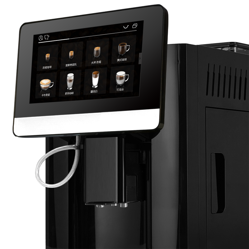 A sleek black automatic coffee machine with a large touch screen displaying various coffee and milk drink options, shown against a plain white background.