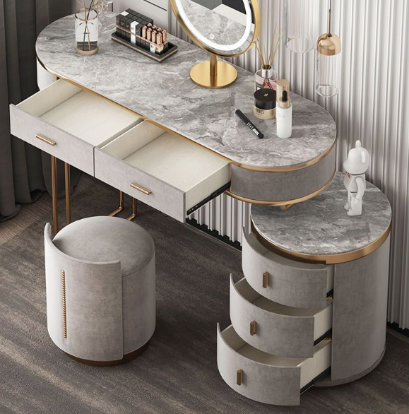 Vintage Bedroom Set European Luxury Makeup Vanity Desk with LED Mirror & Stool