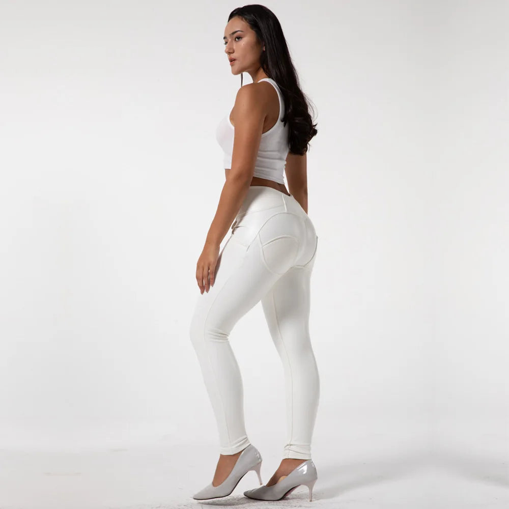 New High Waisted Leather Alike Women Jeans Leggings 