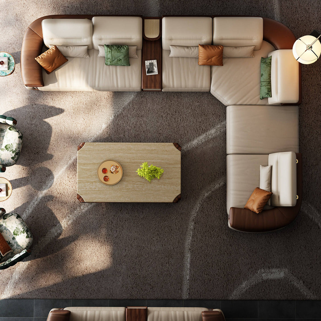 Top-down view of a modern living room with a sectional sofa and coffee table.