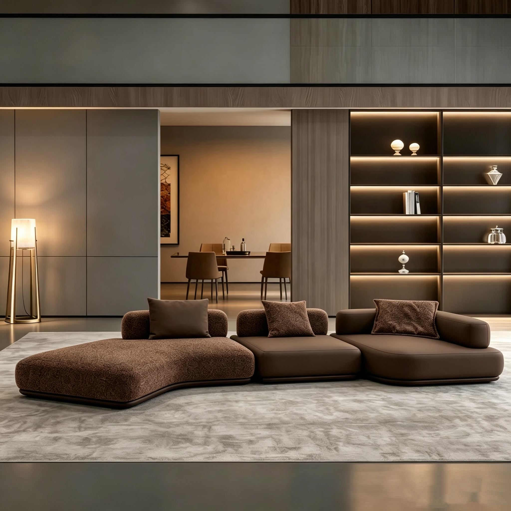 Modern living room with a brown sectional sofa and shelves in the background.