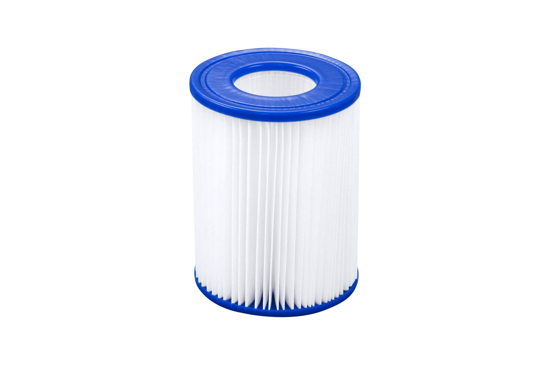 White cylindrical filter with blue top and bottom on a white background