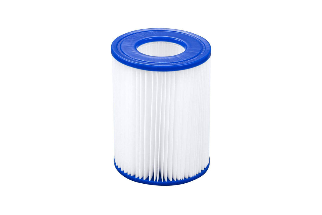 White cylindrical filter with blue top and bottom on a white background