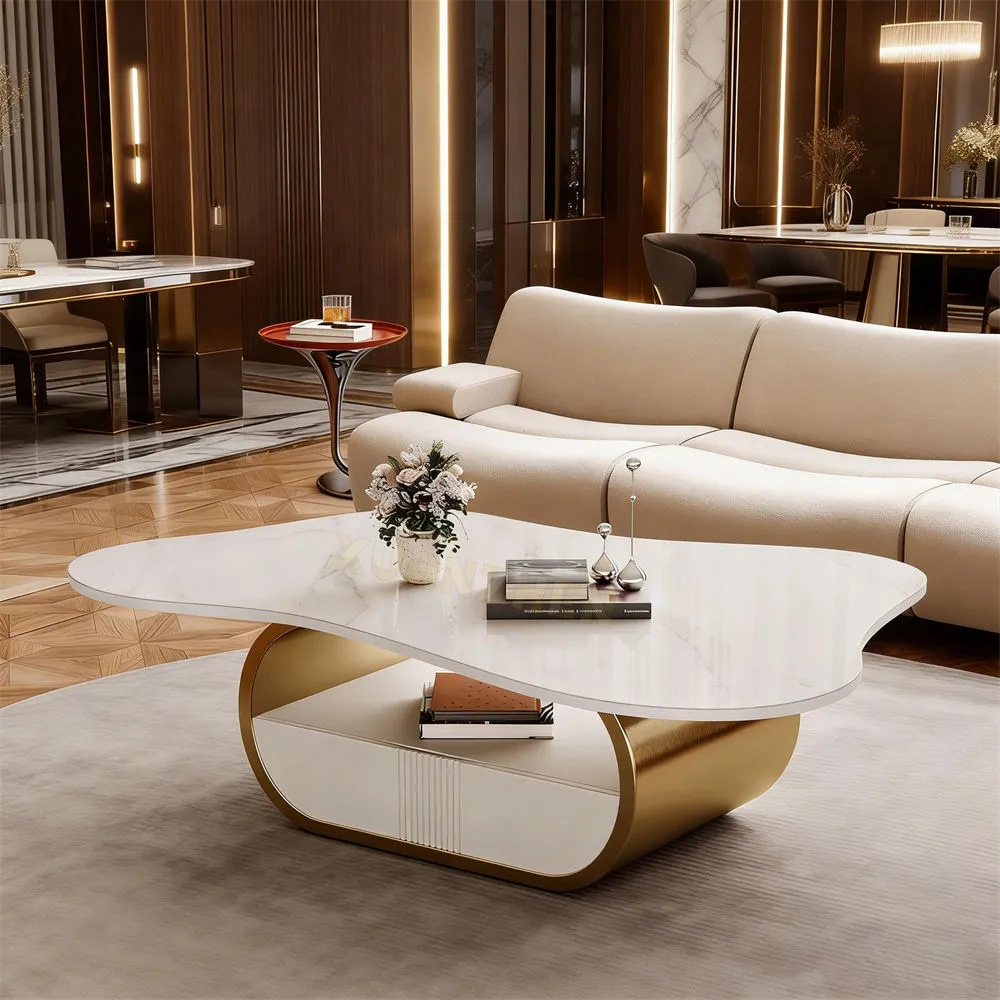 Modern living room with a stylish coffee table and beige sofa.
