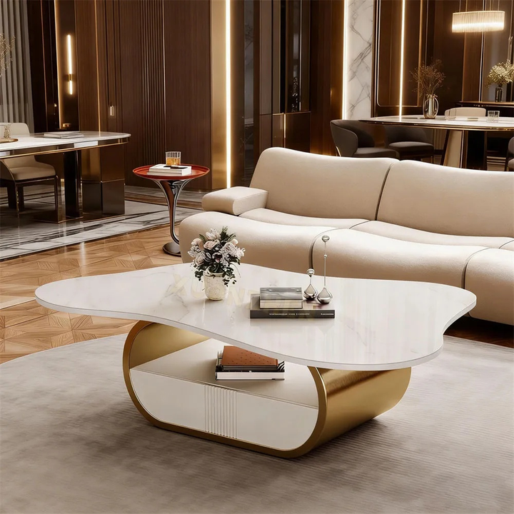 Modern living room with a stylish coffee table and beige sofa.