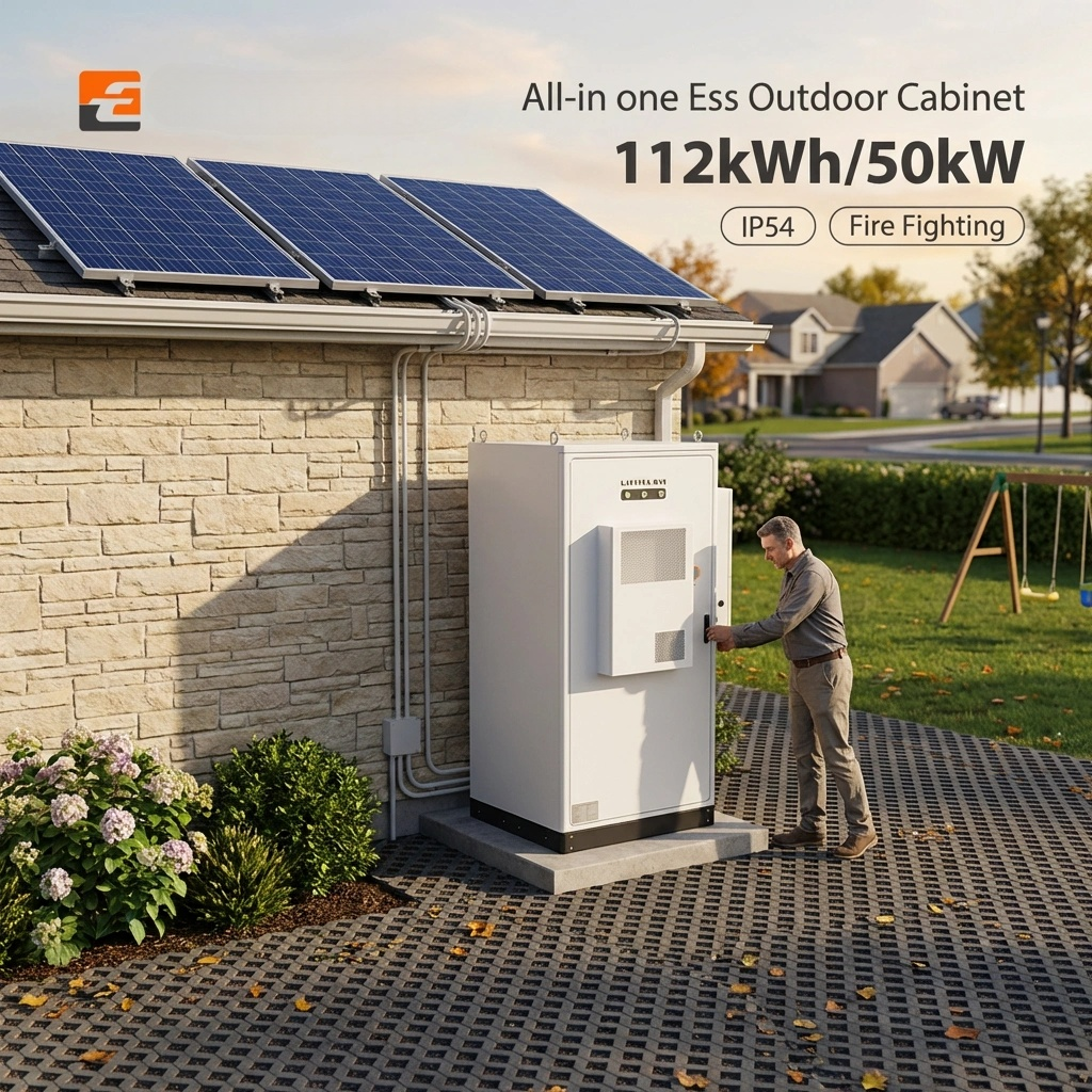 All-in-one Ess Outdoor Cabinet with solar panels on a house exterior