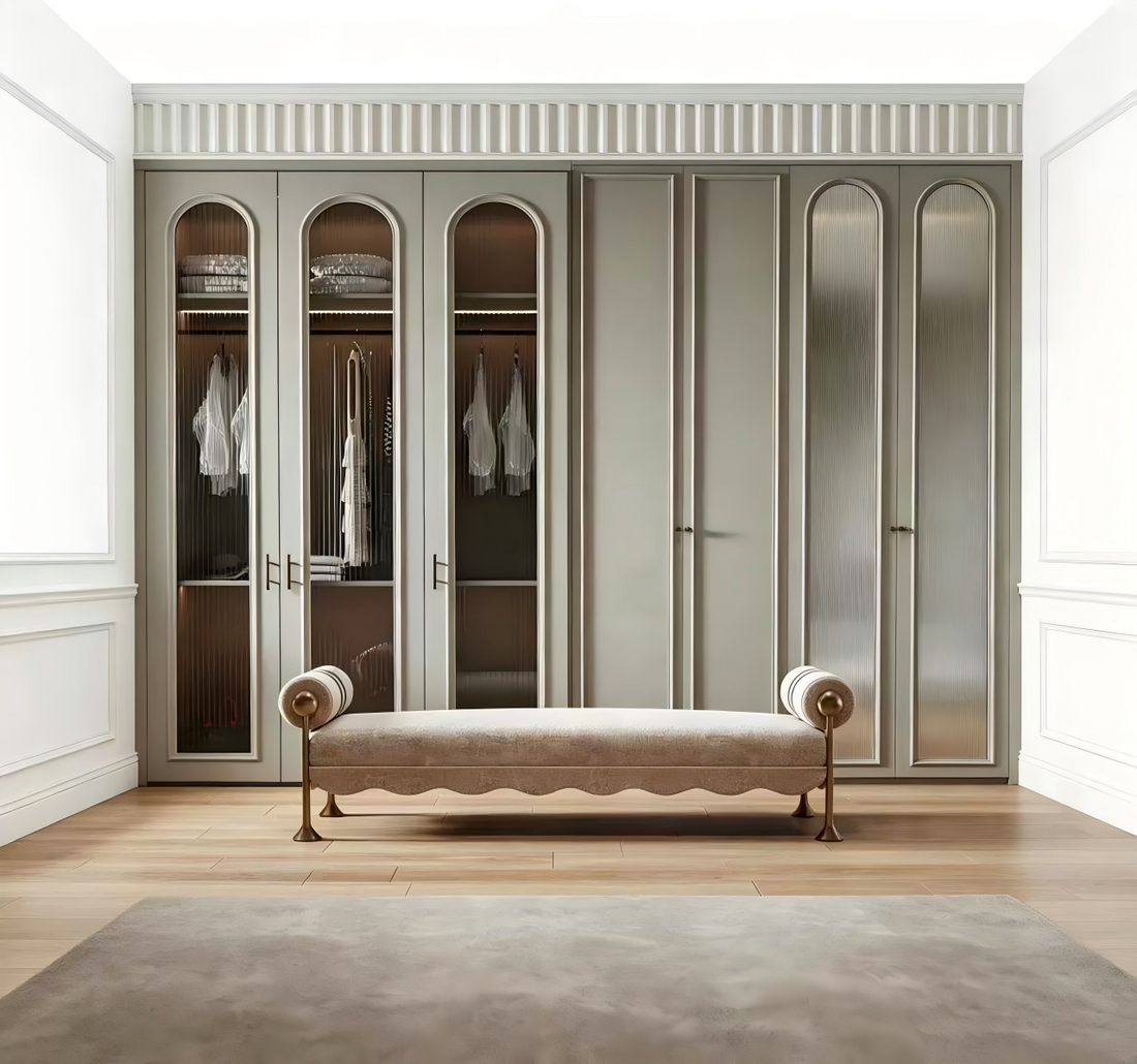 Modern Curved Scallop Base Entryway Shoe Bench with Striped Rolled Arms