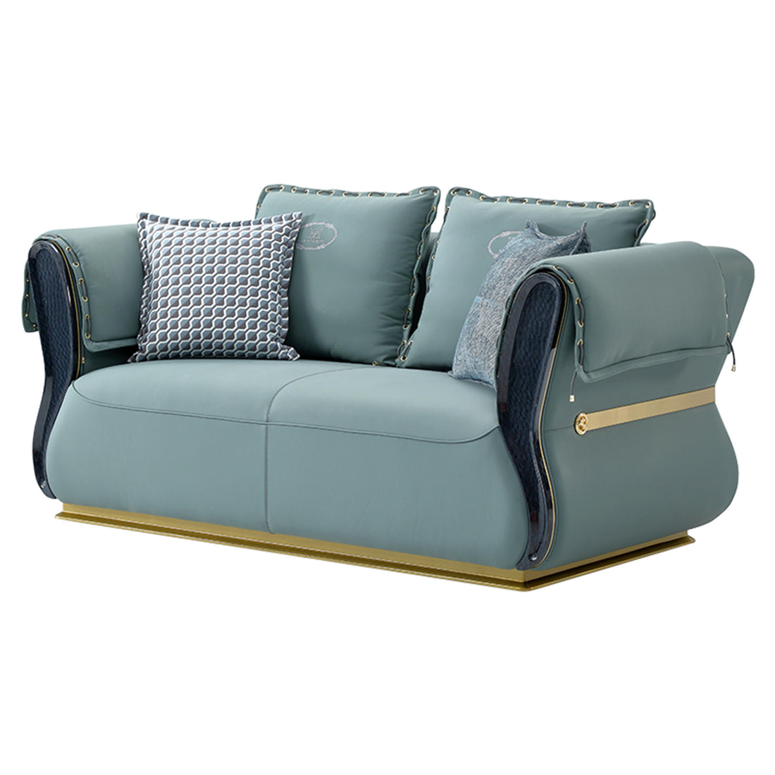 Blue sofa with decorative pillows on a white background