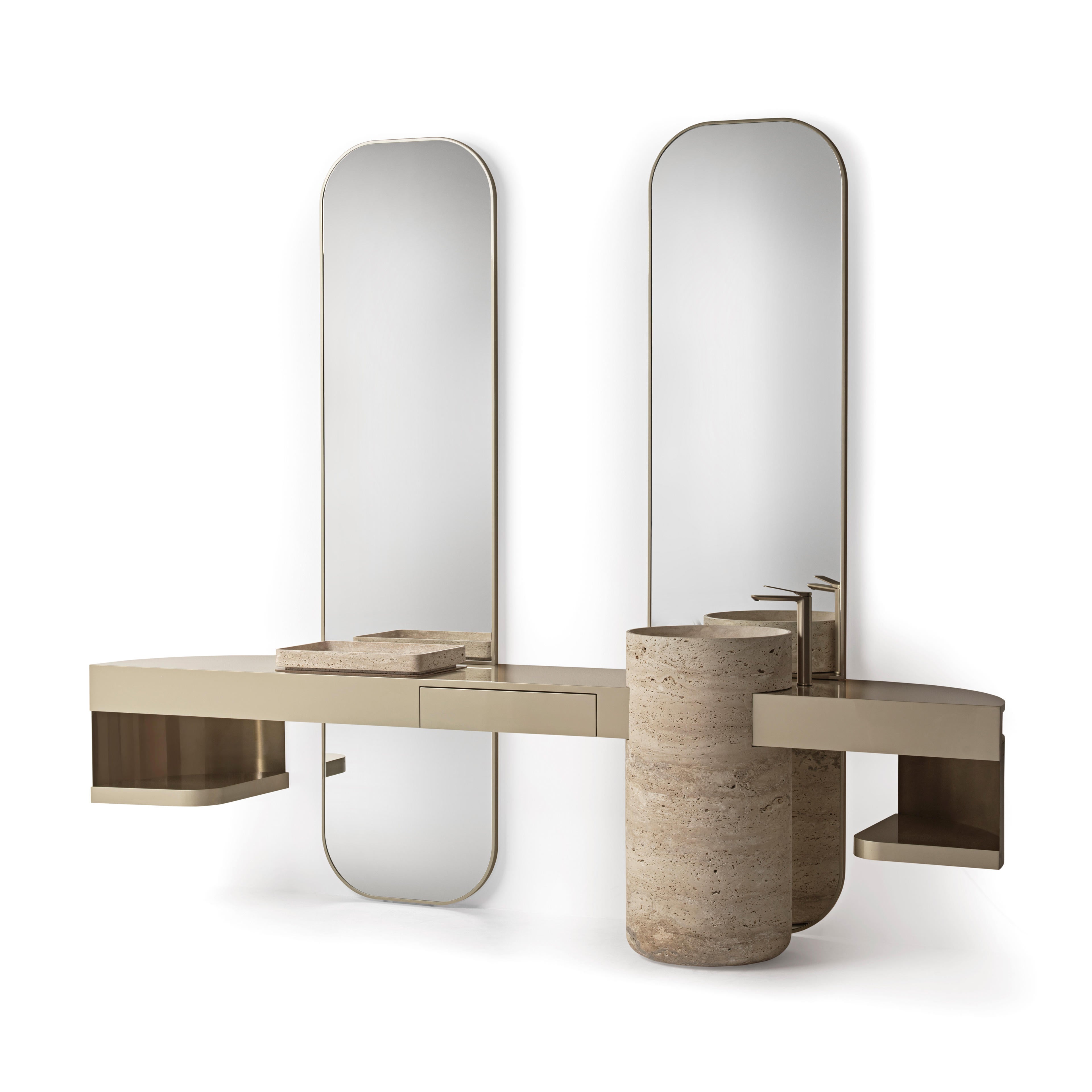 Modern wall-mounted bathroom vanity set with two tall arched mirrors, a long horizontal console shelf, cylindrical stone pedestal sinks, and open shelving, shown on a light gray studio background.