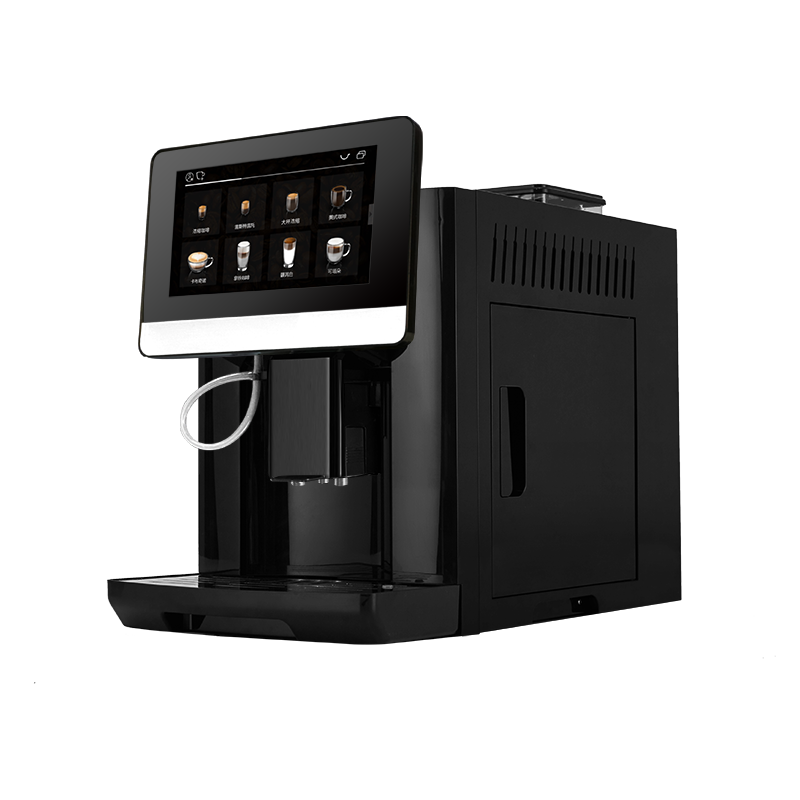 A modern black automatic coffee machine with a large touch screen display showing coffee options, isolated on a white background.