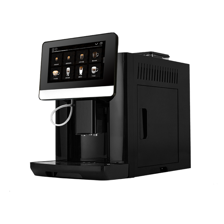 A modern black automatic coffee machine with a large touch screen display showing coffee options, isolated on a white background.