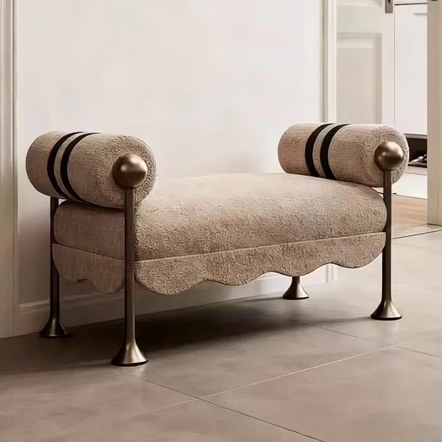 Modern Curved Scallop Base Entryway Shoe Bench with Striped Rolled Arms
