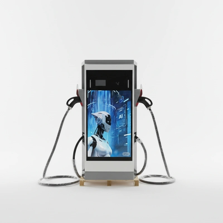 Digital display with robot graphic on a white background