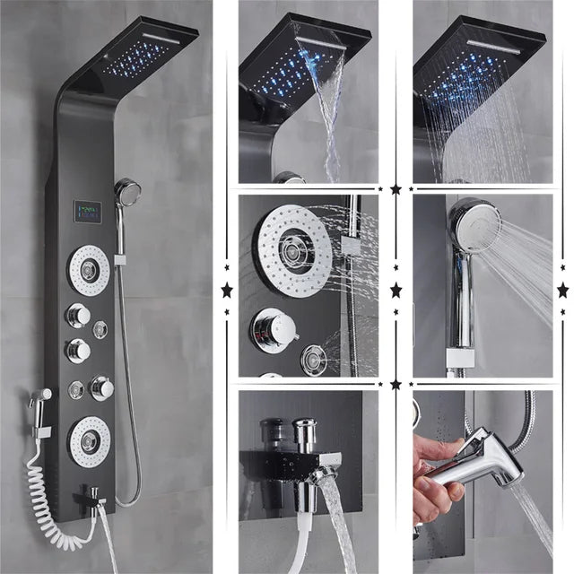 Luxury Black/Brushed Bathroom Shower Faucet LED Rainfall Shower Panel System Bathtub Mixer Tap Massage Spa Temperature Screen