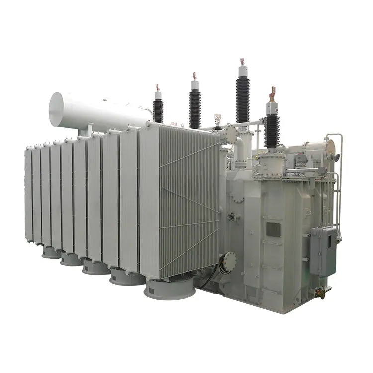 Large electrical transformer on a white background
