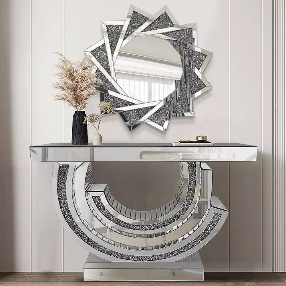 Decorative console table with a mirror and decorative elements in a room.