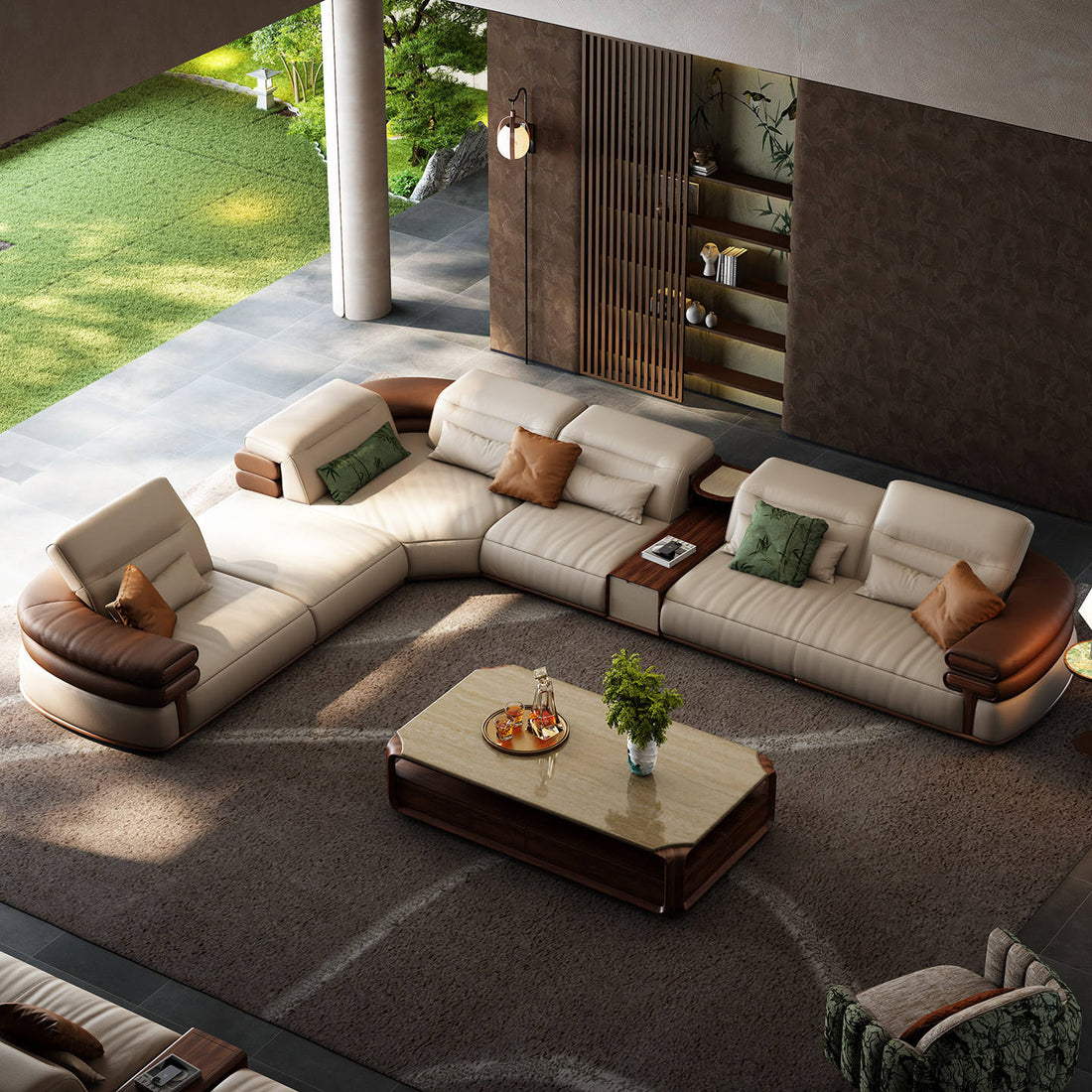 Modern living room with a sectional sofa and coffee table.