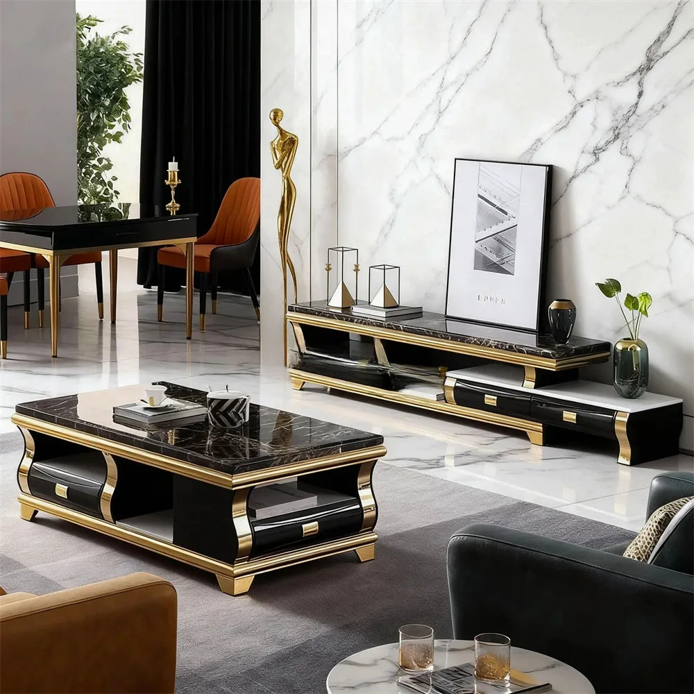 Modern living room with black marble coffee table and TV stand against a marble wall.