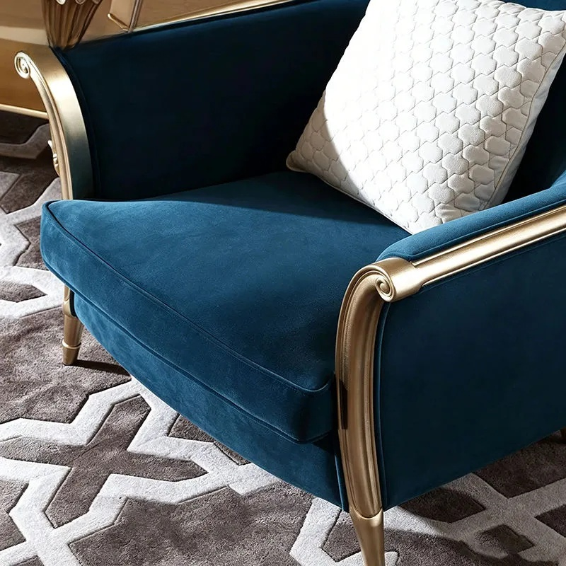 Royal-Style Luxury Solid Wood Carved Upholstered Single Sofa Chair – Diamond Velvet Accent Chair