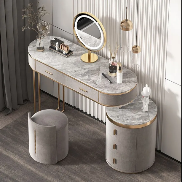 Vintage Bedroom Set European Luxury Makeup Vanity Desk with LED Mirror & Stool