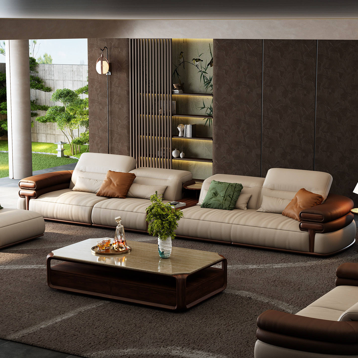 Modern living room with beige sofa, brown armrests, and a wooden coffee table.