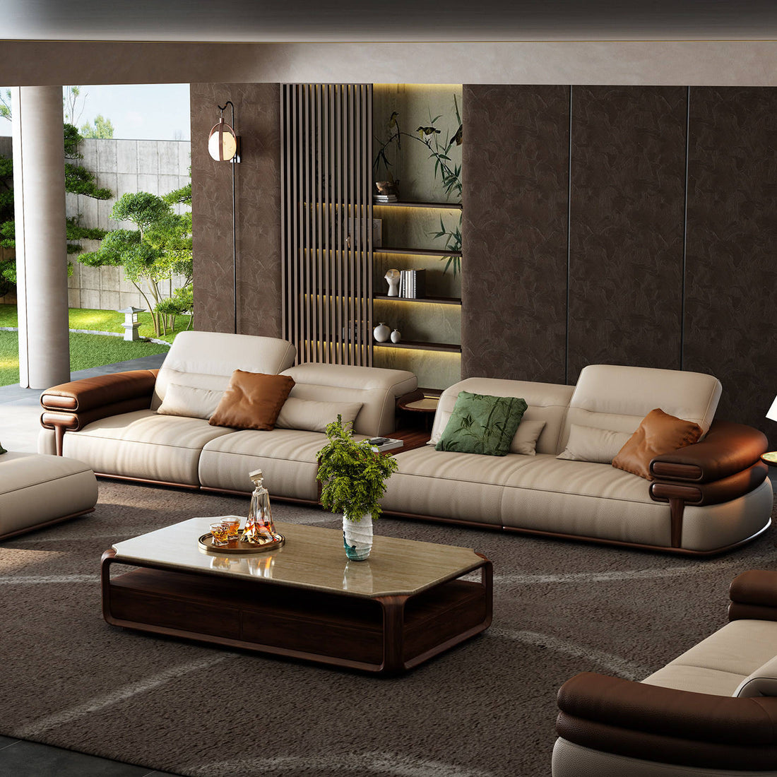 Modern living room with beige sofa, brown armrests, and a wooden coffee table.