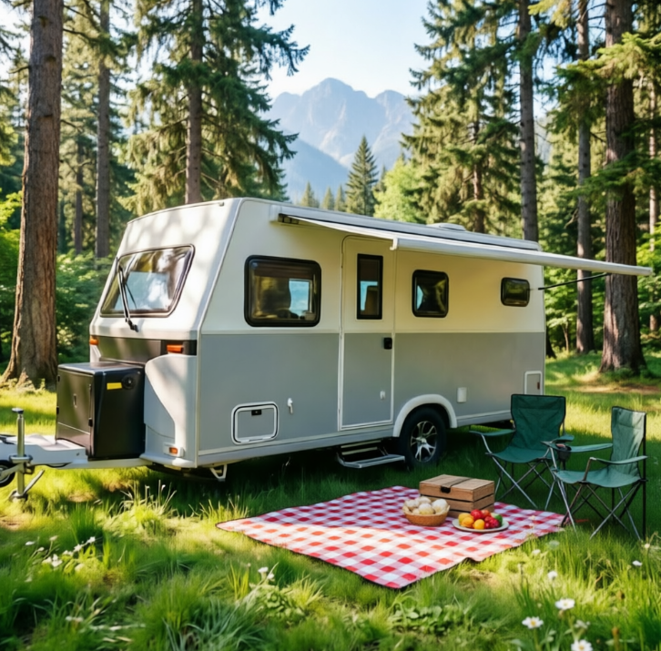 A retro-style travel trailer parked in a grassy forest clearing with trees and mountains in the background. The trailer is light gray and cream with an extended white awning.
